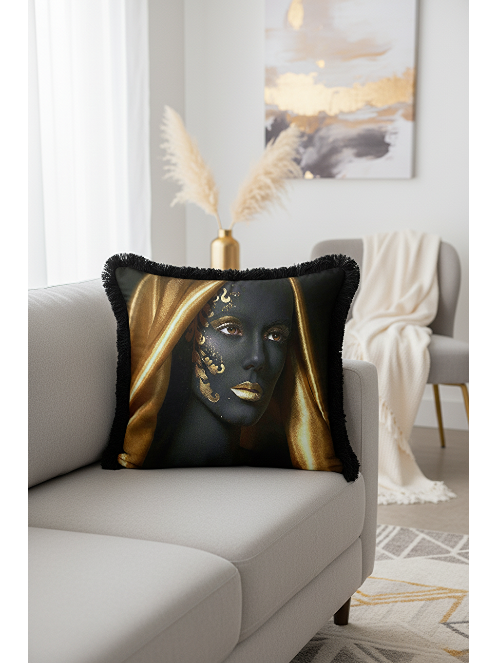Karışık Lüks Altın Renkli Sanatsal Portre Saçaklı Yastık Kılıfı - Modern Siyah Gold Püsküllü Kırlent Kılıfı-3