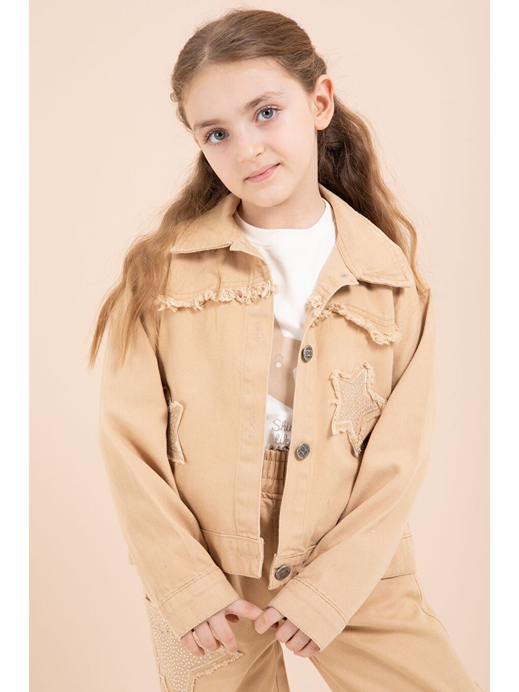 Kahverengi Taşlı Yıldız Nakışlı Jean Ceketli 3lü Pantolonlu Kız Takım 23436-2