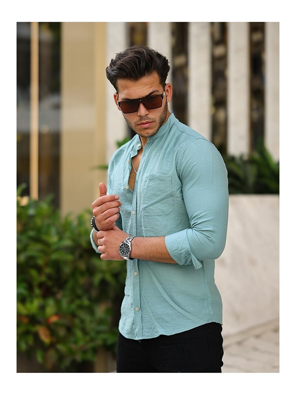 Yeşil Erkek A Kalite Keten Slim Fit Kapaksız Hakim Yaka Uzun Kol Gömlek-2
