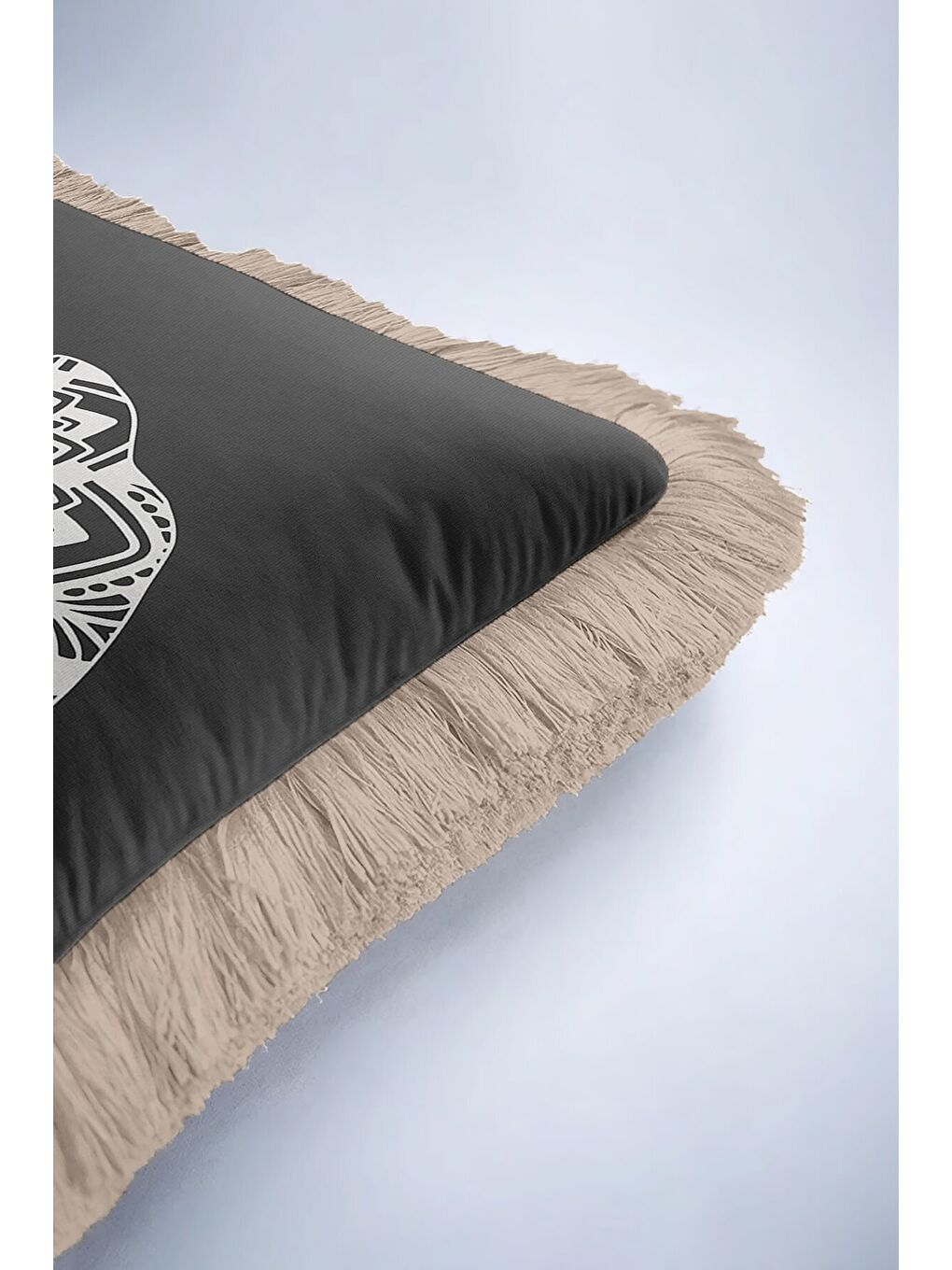 Karışık Boho Hint Mandala Fil Saçaklı Yastık Kılıfı - Etnik Asya Antrasit Bej Püsküllü Kırlent Kılıfı-6