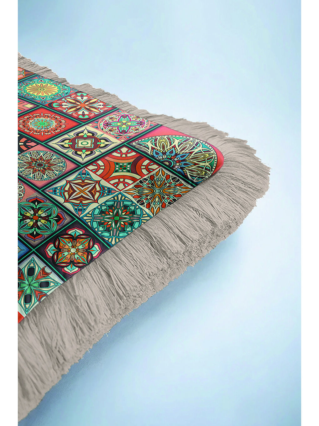 Karışık Mozaik Patchwork Saçaklı Yastık Kılıfı - Mandala Etnik Enerjik Mavi Püsküllü Kırlent Kılıfı-6