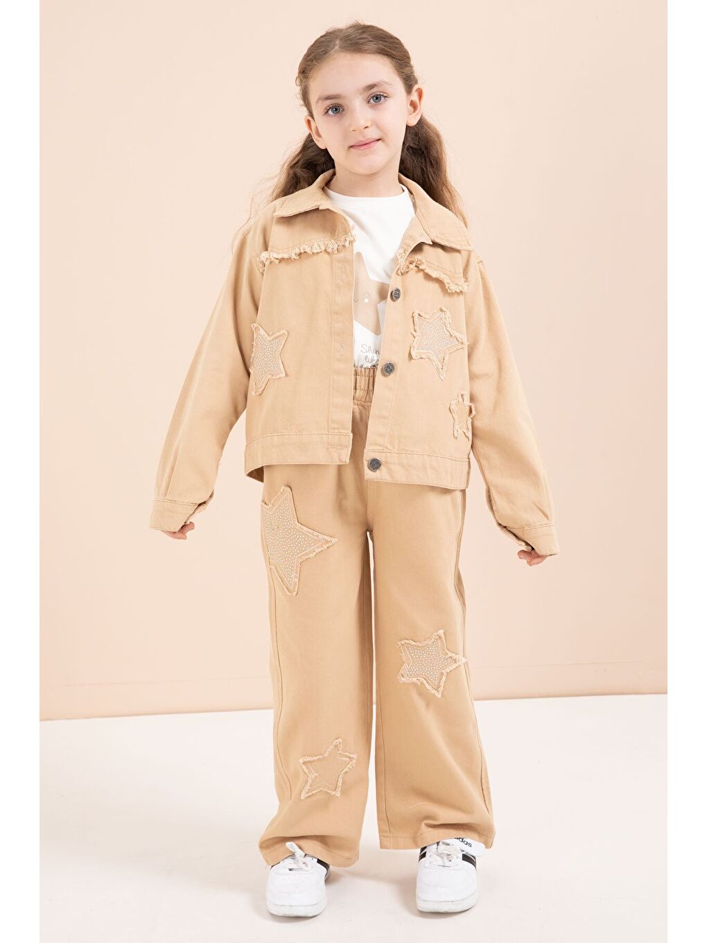 Kahverengi Taşlı Yıldız Nakışlı Jean Ceketli 3lü Pantolonlu Kız Takım 23436-3
