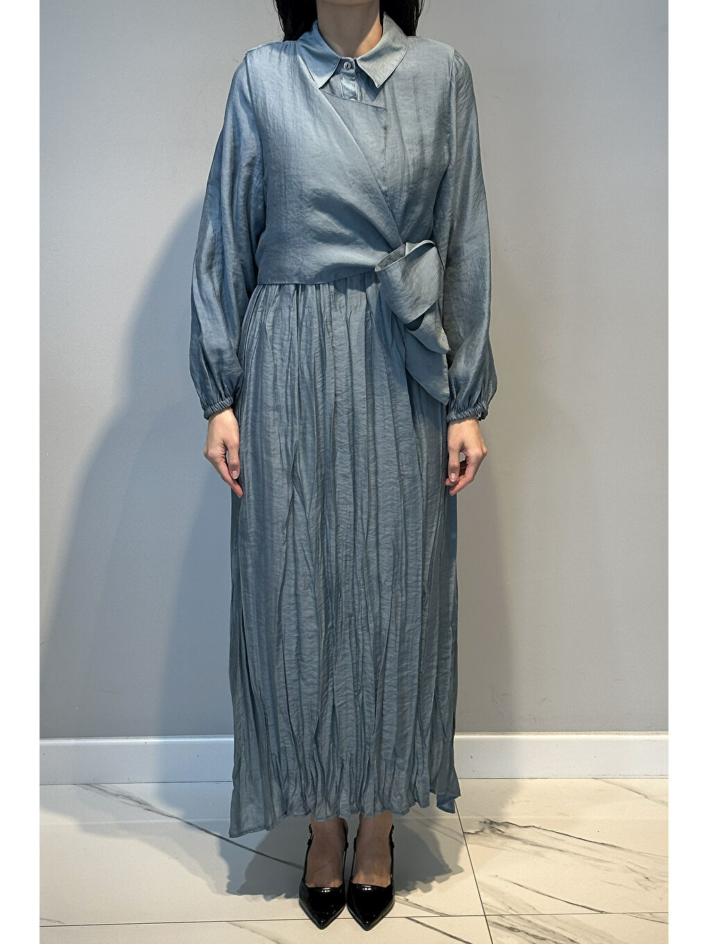 Belden Bağlamalı Kolları Latik Detaylı Nil Elbise 747 Mavi-1