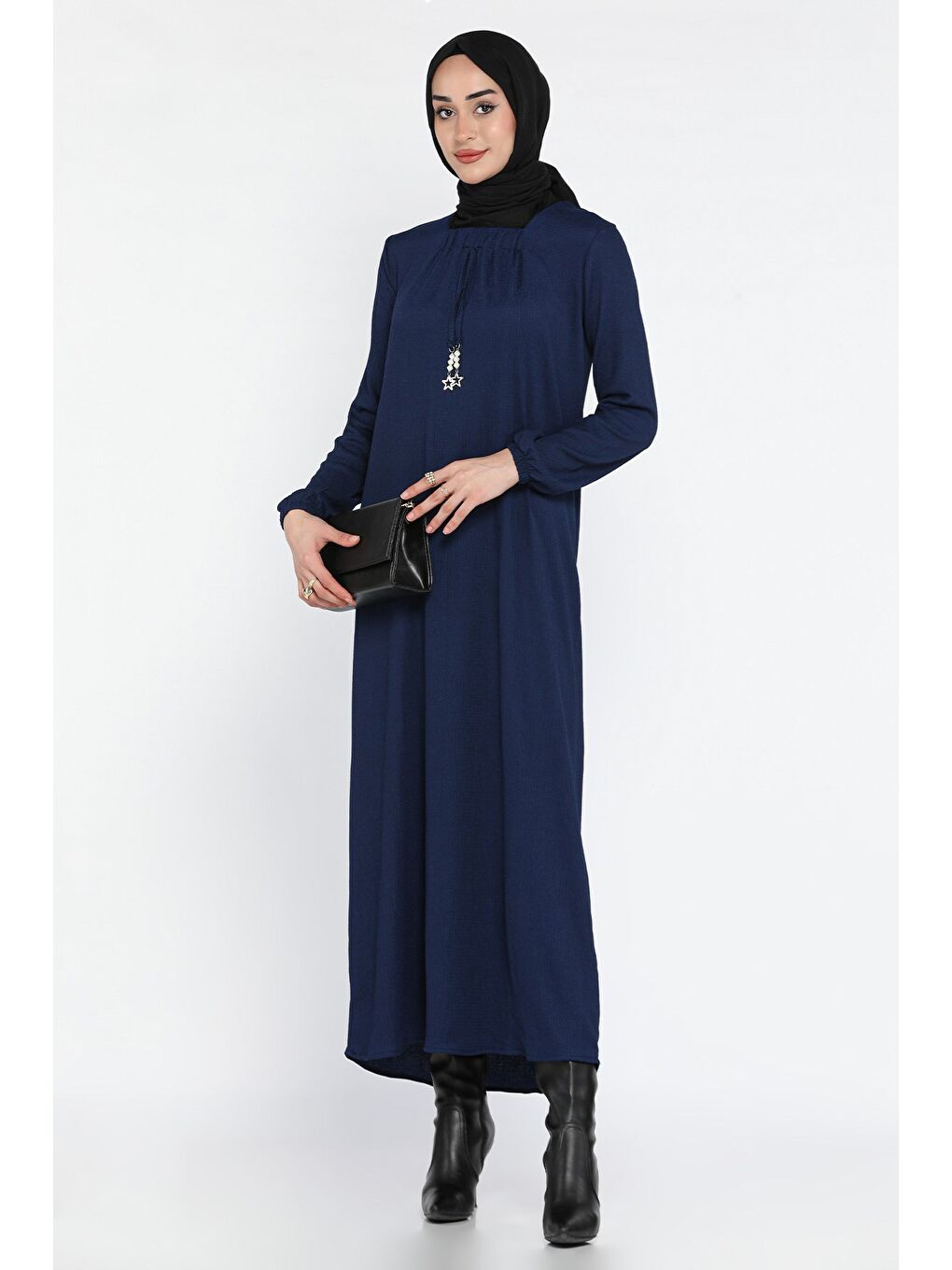 Lacivert Kadın Yıldız Aksesuarlı Büyük Beden Tesettür Elbise