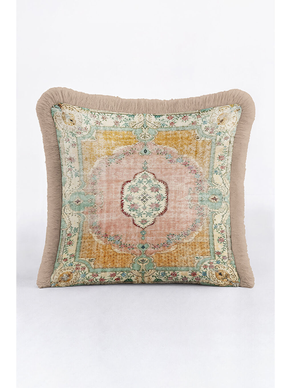 Karışık Saray Işıltılı Saçaklı Yastık Kılıfı - Vintage Halı Motifli Country Pastel Püsküllü Kırlent Kılıfı-4