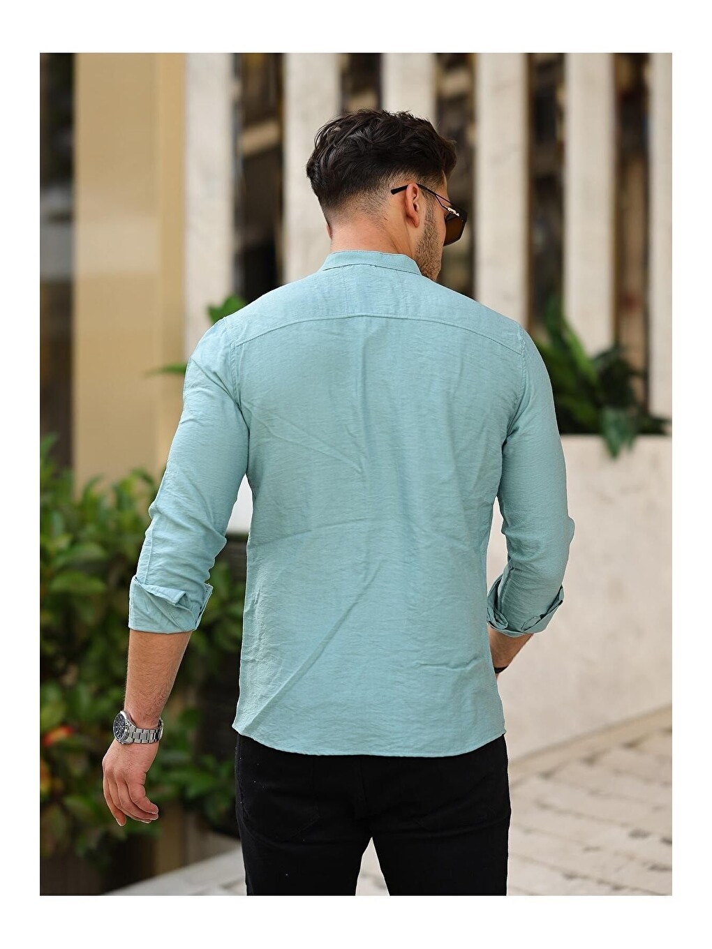 Yeşil Erkek A Kalite Keten Slim Fit Kapaksız Hakim Yaka Uzun Kol Gömlek-3