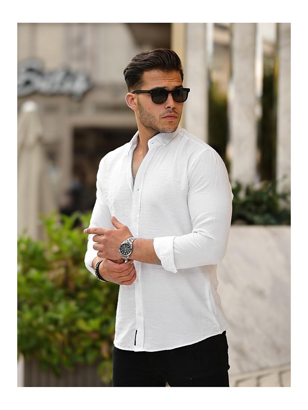 Beyaz Cepsiz A Kalite Keten Slim Fit Gömlek