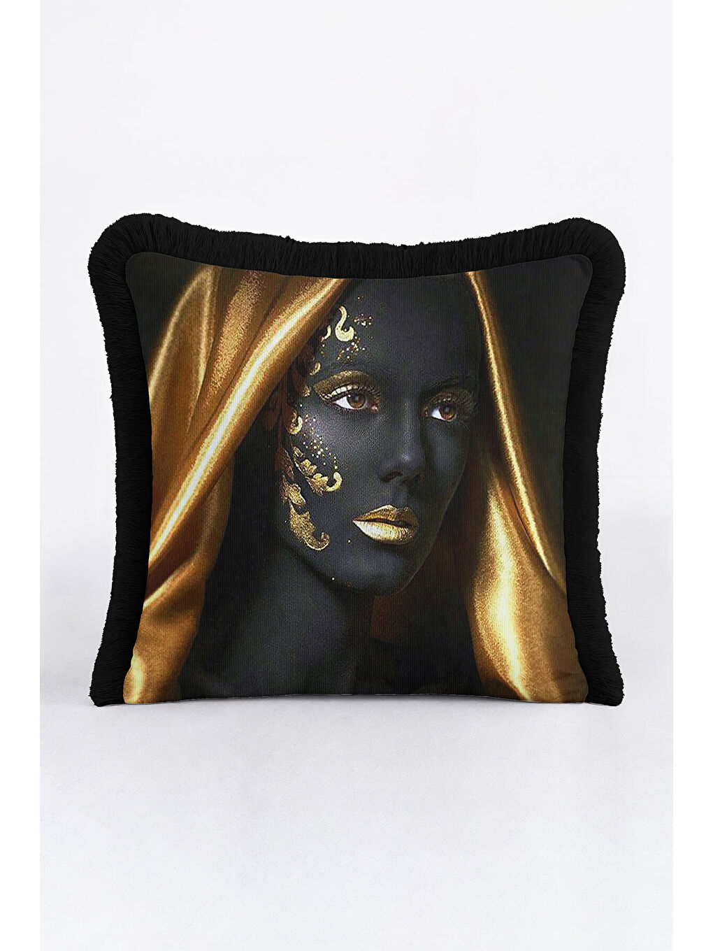 Karışık Lüks Altın Renkli Sanatsal Portre Saçaklı Yastık Kılıfı - Modern Siyah Gold Püsküllü Kırlent Kılıfı-4