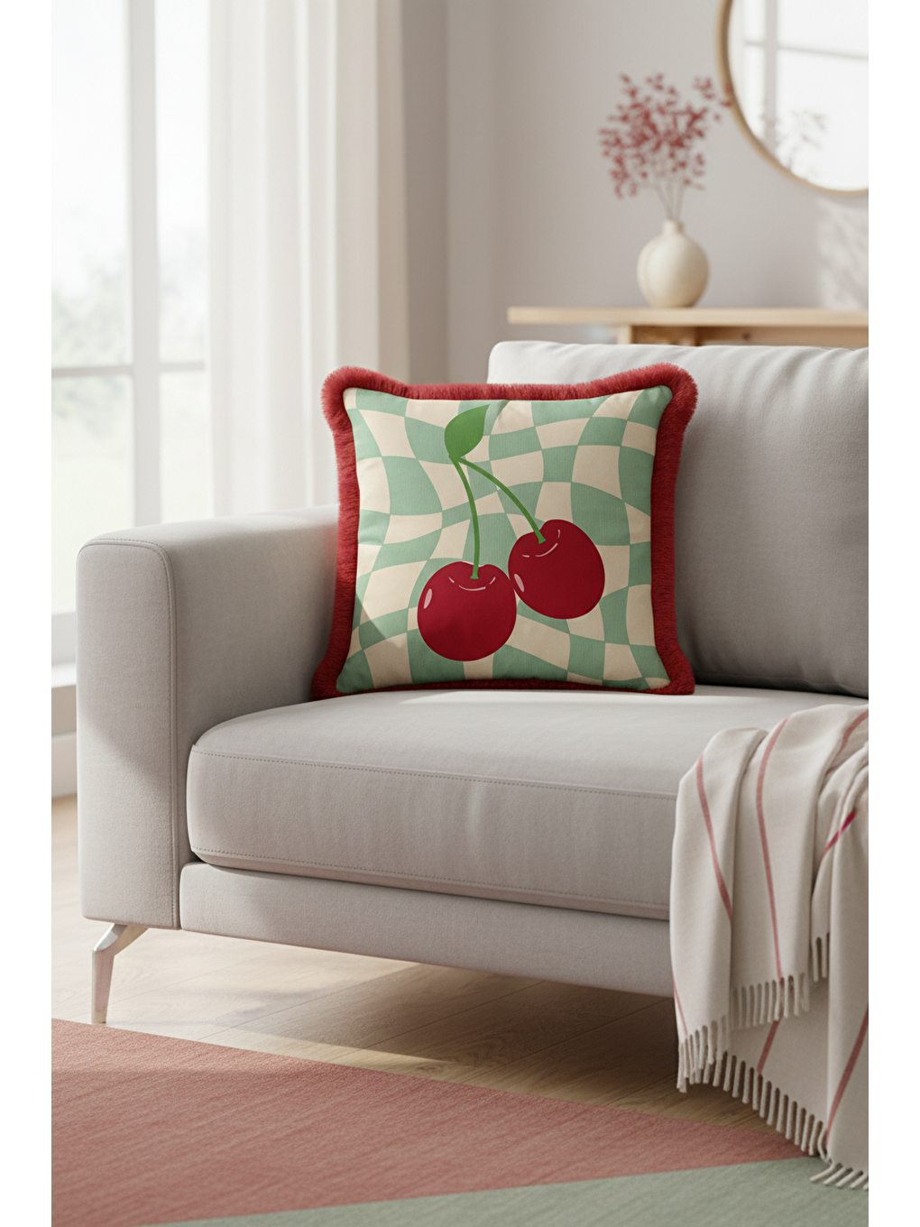 Karışık Vişne Motifli Saçaklı Yastık Kılıfı - Retro Dalga Mint Yeşili Kırmızı Püsküllü Kırlent Kılıfı-2