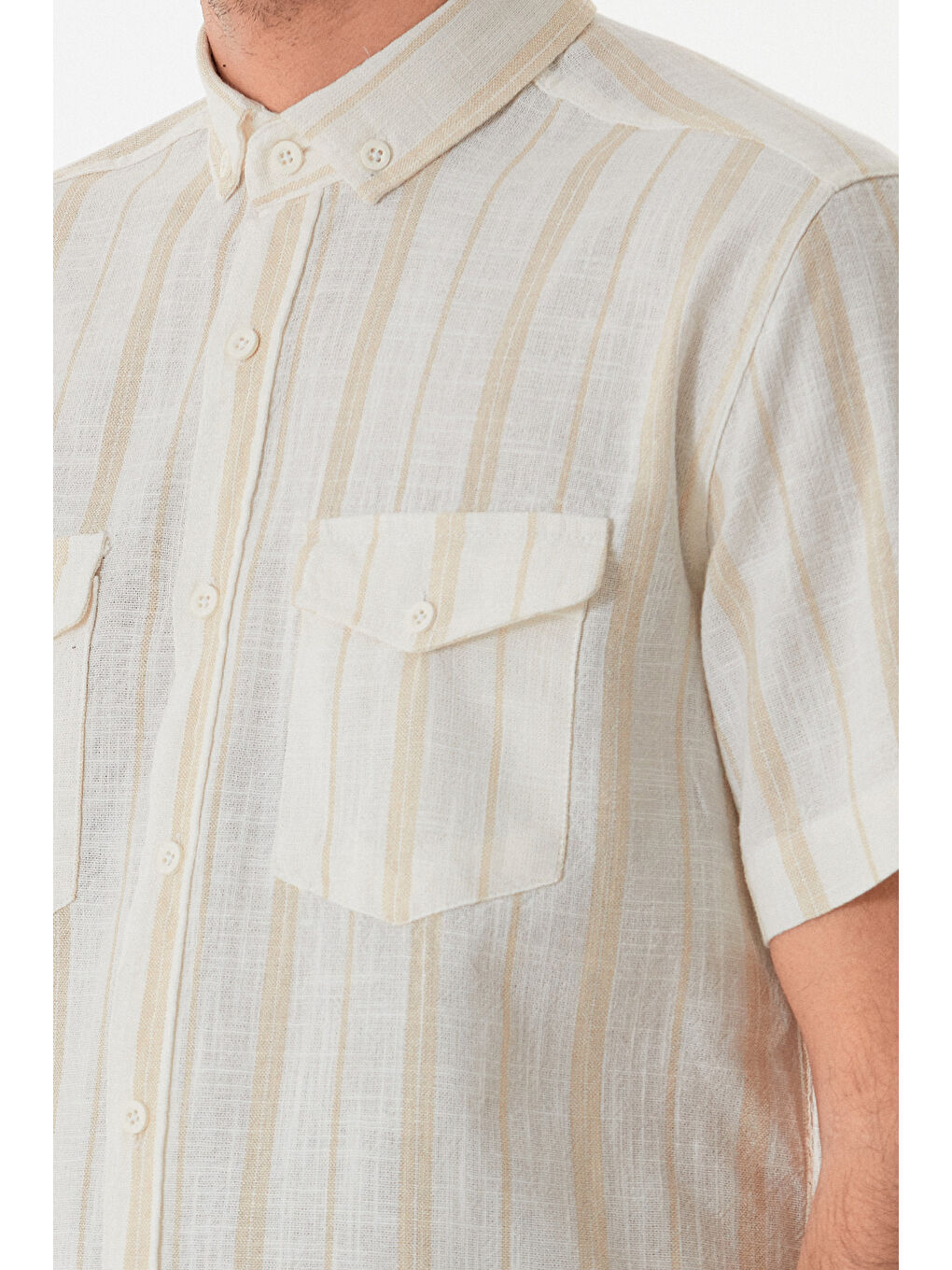 Bej Çizgili Çift Cepli Düğmeli %100 Pamuk Gömlek-4