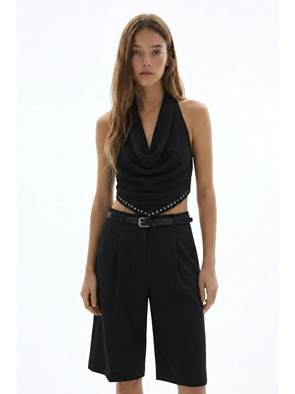 Degaje Yaka Boyundan Bağlamalı Crop Bluz Siyah-2