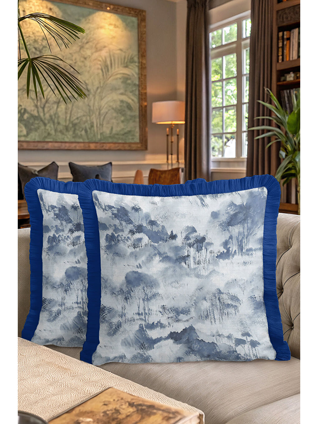 Karışık Lüks Marin Su Dalgası Saçaklı Yastık Kılıfı - Soyut Mavi Modern Antrasit Püsküllü Kırlent Kılıfı-7