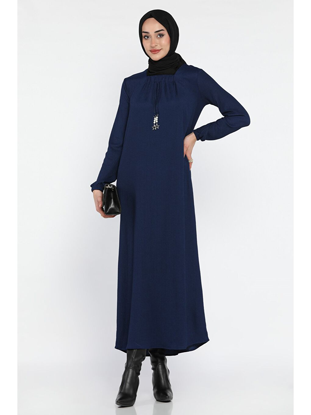 Lacivert Kadın Yıldız Aksesuarlı Büyük Beden Tesettür Elbise-3