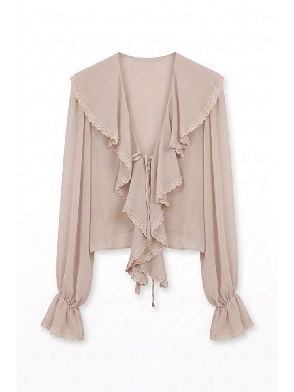 Dantel Şeritli Fırfırlı Bağcıklı Tül Bluz Bej-1