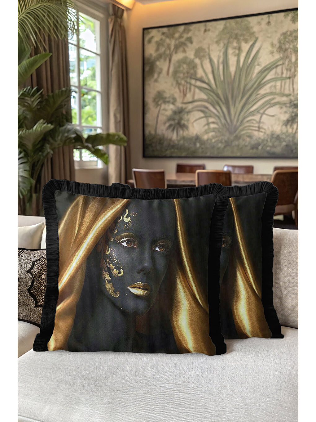 Karışık Lüks Altın Renkli Sanatsal Portre Saçaklı Yastık Kılıfı - Modern Siyah Gold Püsküllü Kırlent Kılıfı-5