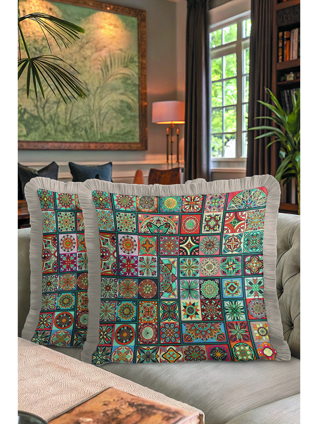 Karışık Mozaik Patchwork Saçaklı Yastık Kılıfı - Mandala Etnik Enerjik Mavi Püsküllü Kırlent Kılıfı-7