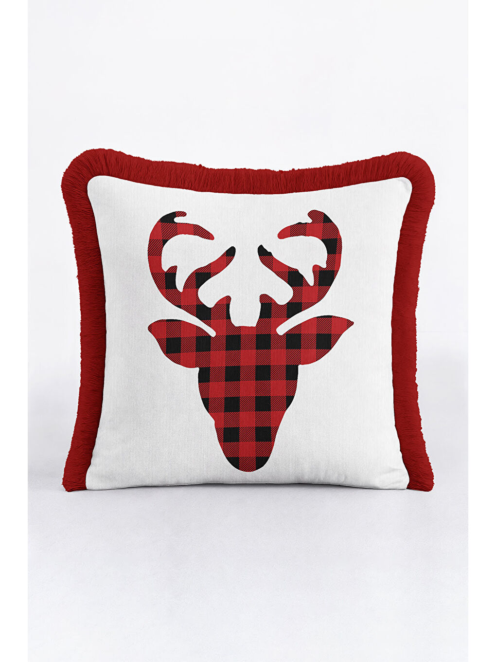 Karışık Kareli Geyikli Saçaklı Yastık Kılıfı - Kış Rustik Kırmızı Beyaz Püsküllü Kırlent Kılıfı-1