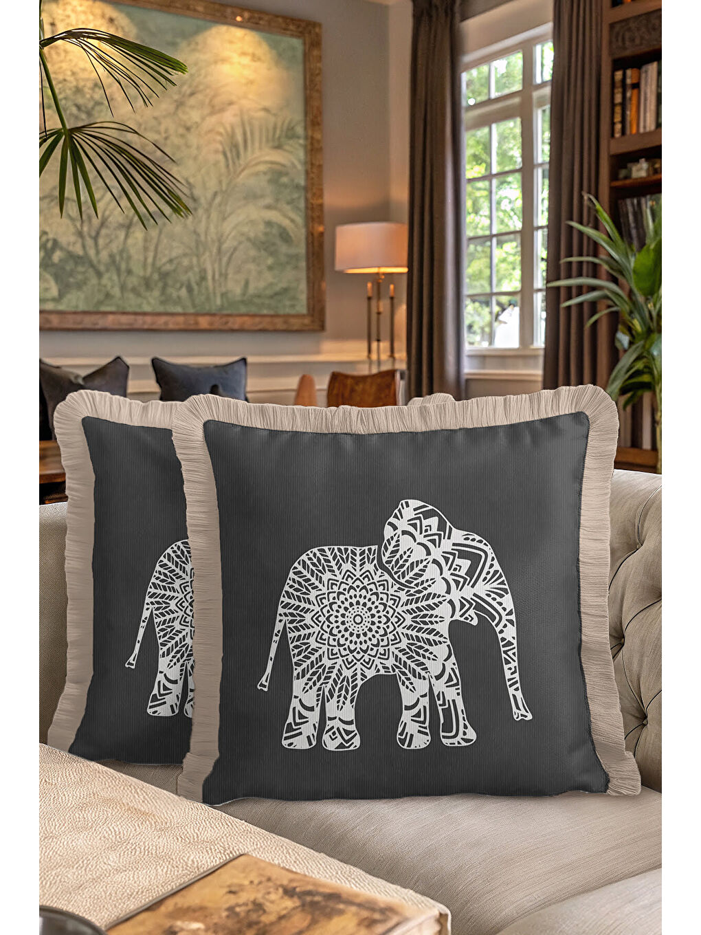 Karışık Boho Hint Mandala Fil Saçaklı Yastık Kılıfı - Etnik Asya Antrasit Bej Püsküllü Kırlent Kılıfı-7