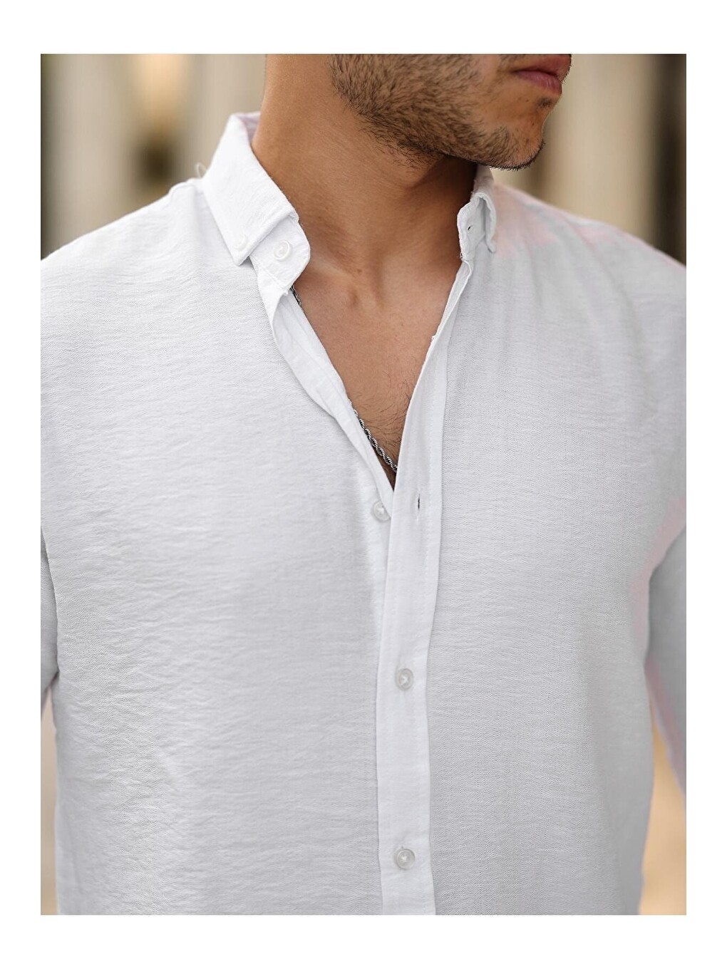 Beyaz Cepsiz A Kalite Keten Slim Fit Gömlek-1