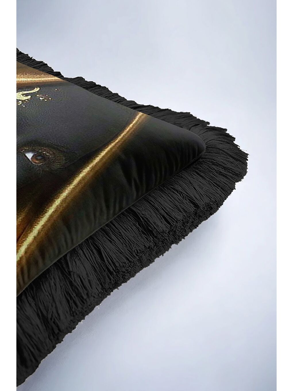 Karışık Lüks Altın Renkli Sanatsal Portre Saçaklı Yastık Kılıfı - Modern Siyah Gold Püsküllü Kırlent Kılıfı-6