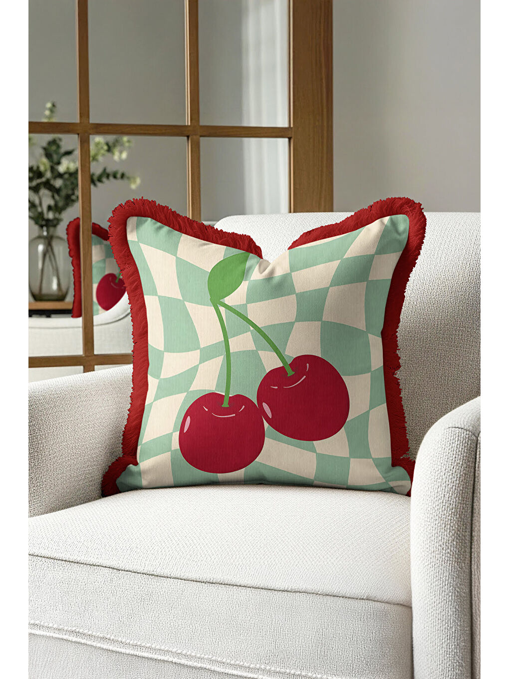 Karışık Vişne Motifli Saçaklı Yastık Kılıfı - Retro Dalga Mint Yeşili Kırmızı Püsküllü Kırlent Kılıfı-3