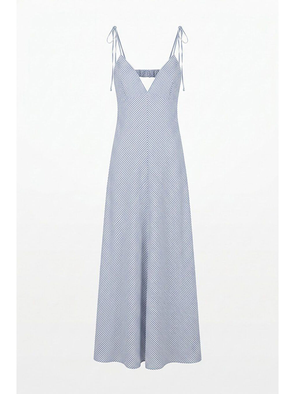 Sırtı Açık Bağlamalı Çizgili Uzun Elbise Mavi-1