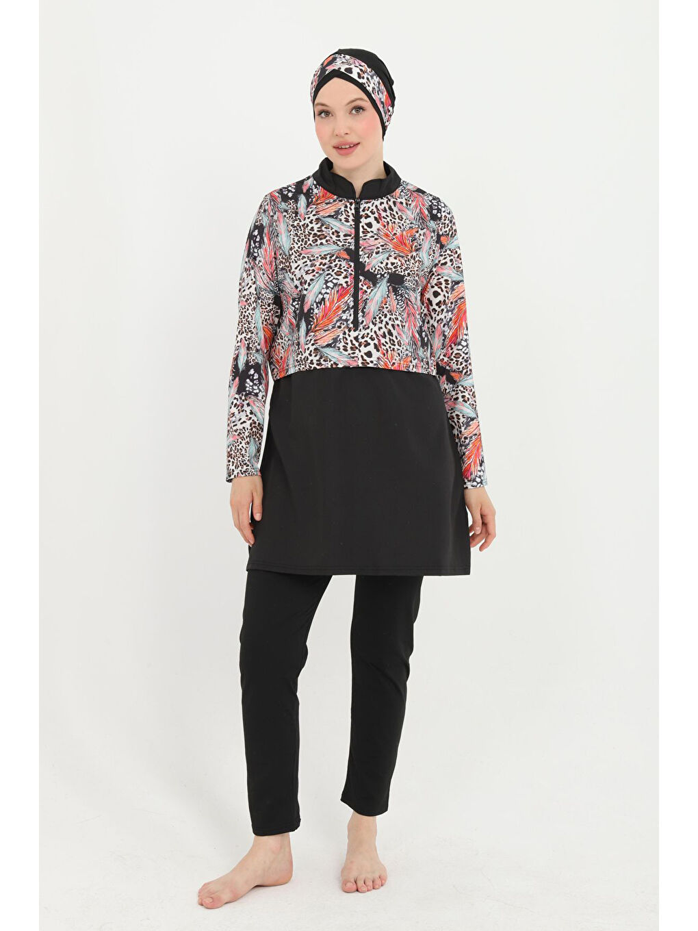 Kahverengi Büyük Beden Desenli Tam Kapalı Tesettür Mayo 18 Siyah01-1