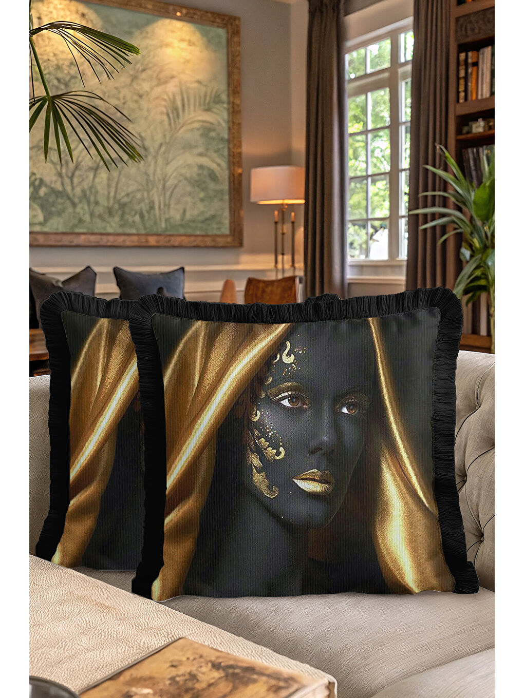 Karışık Lüks Altın Renkli Sanatsal Portre Saçaklı Yastık Kılıfı - Modern Siyah Gold Püsküllü Kırlent Kılıfı-7