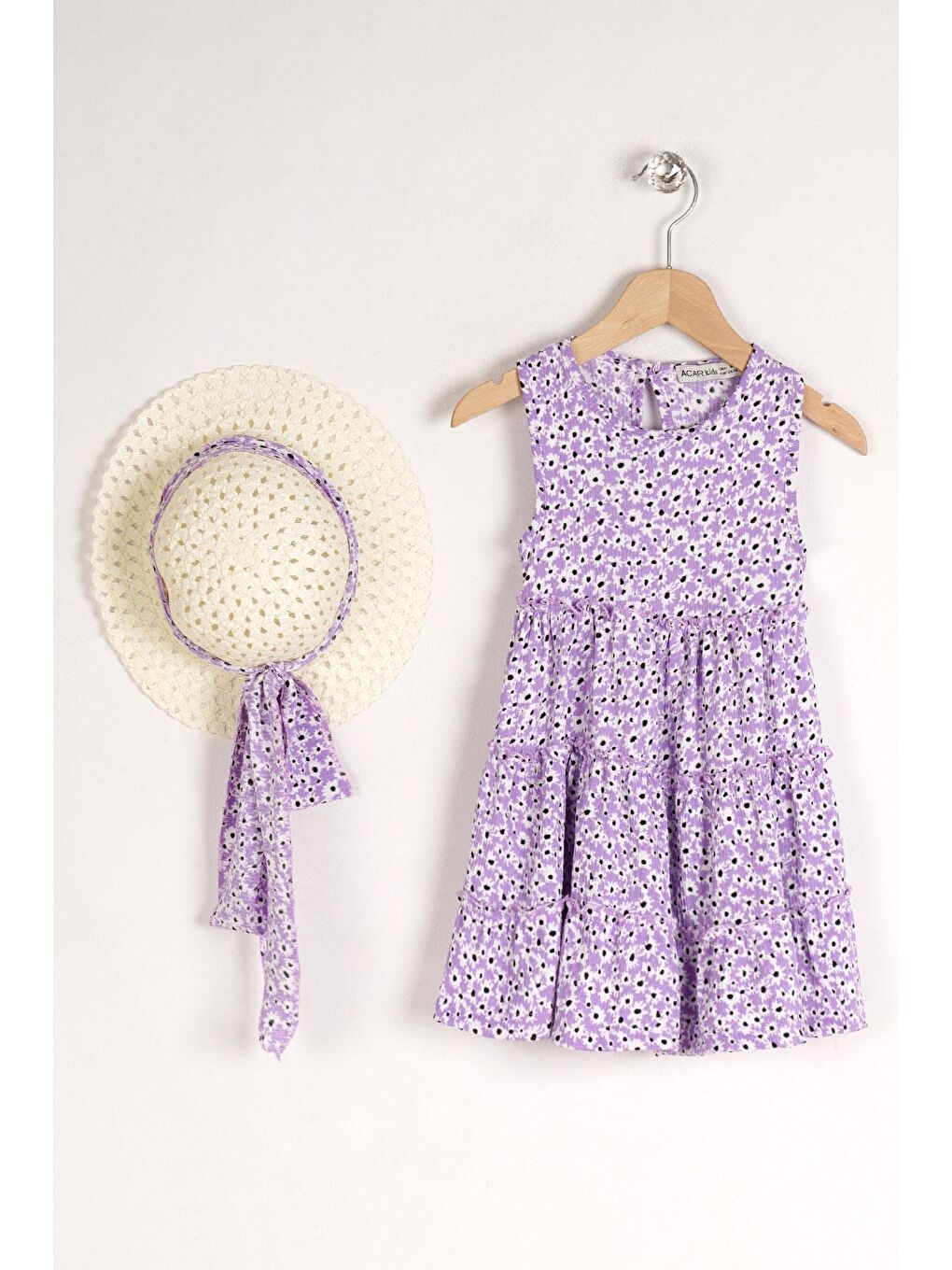 Lila Bisiklet Yaka Çiçek Desenli Katlı Şapka Aksesuarlı Kız Çocuk Elbise