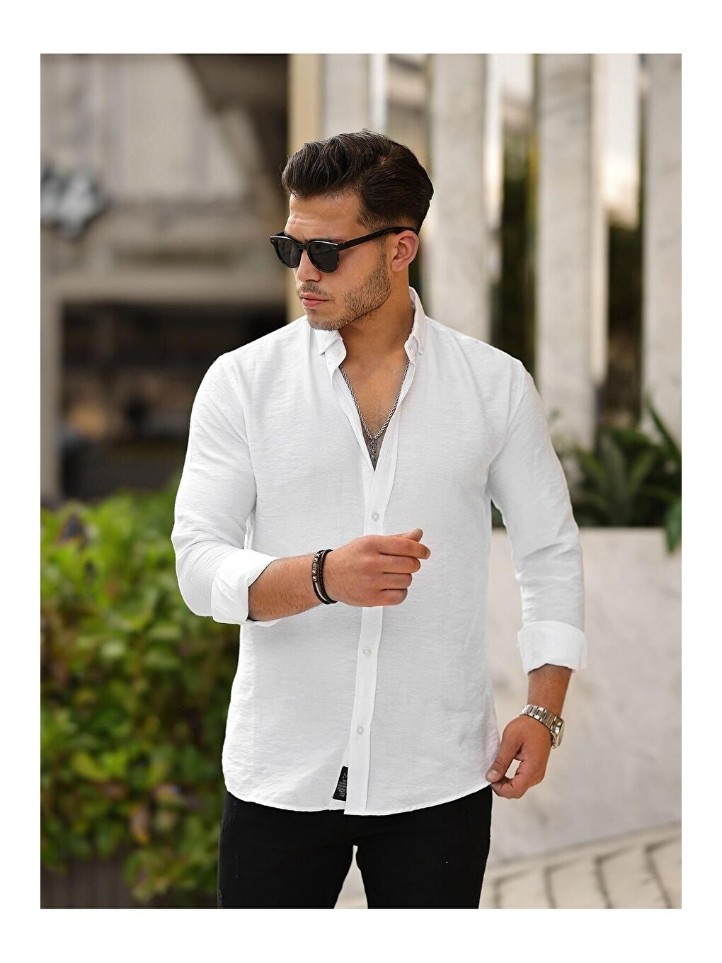 Beyaz Cepsiz A Kalite Keten Slim Fit Gömlek-2