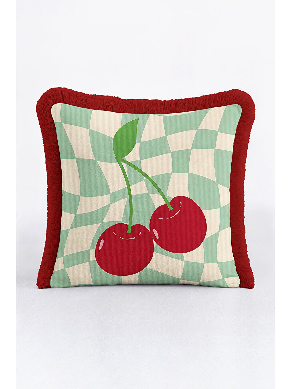 Karışık Vişne Motifli Saçaklı Yastık Kılıfı - Retro Dalga Mint Yeşili Kırmızı Püsküllü Kırlent Kılıfı-4