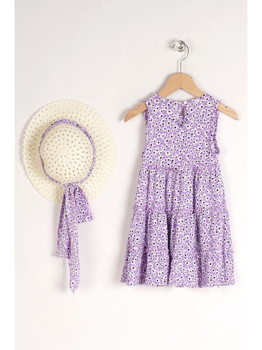 Lila Bisiklet Yaka Çiçek Desenli Katlı Şapka Aksesuarlı Kız Çocuk Elbise-1