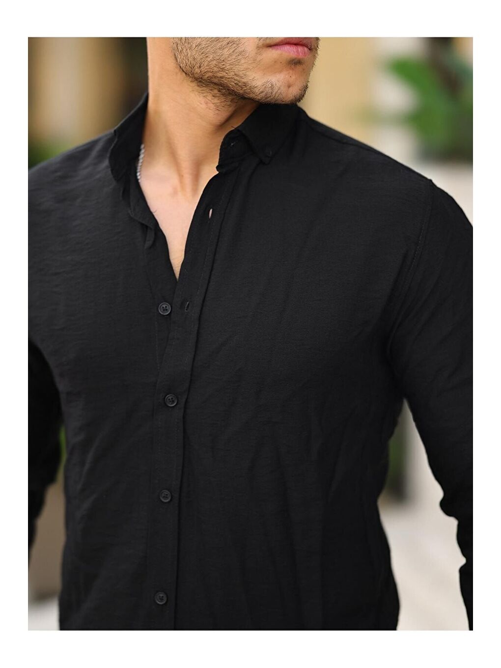 Siyah Cepsiz A Kalite Keten Slim Fit Gömlek-1