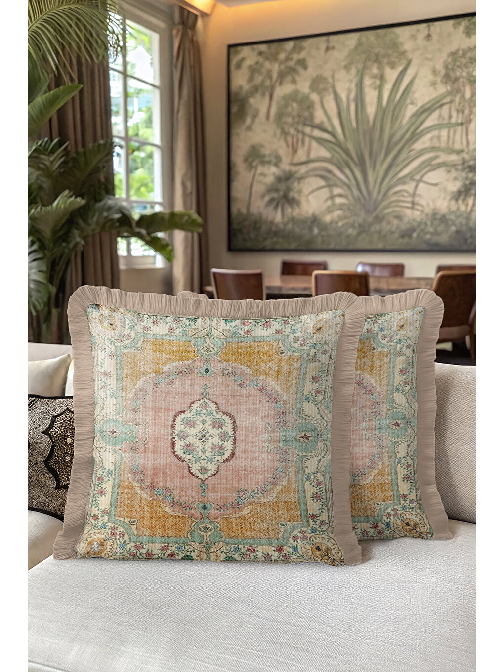 Karışık Saray Işıltılı Saçaklı Yastık Kılıfı - Vintage Halı Motifli Country Pastel Püsküllü Kırlent Kılıfı-5