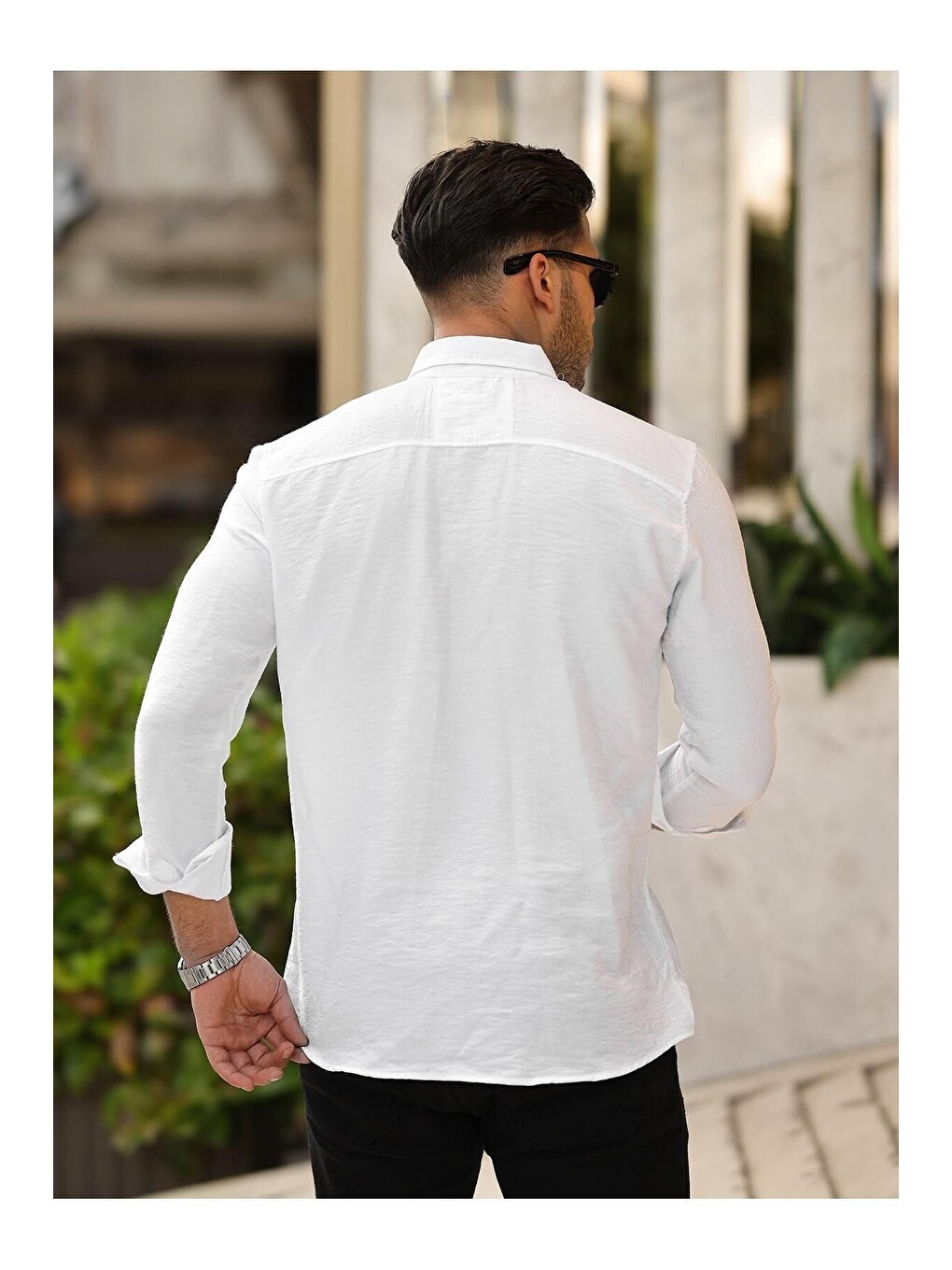 Beyaz Cepsiz A Kalite Keten Slim Fit Gömlek-3