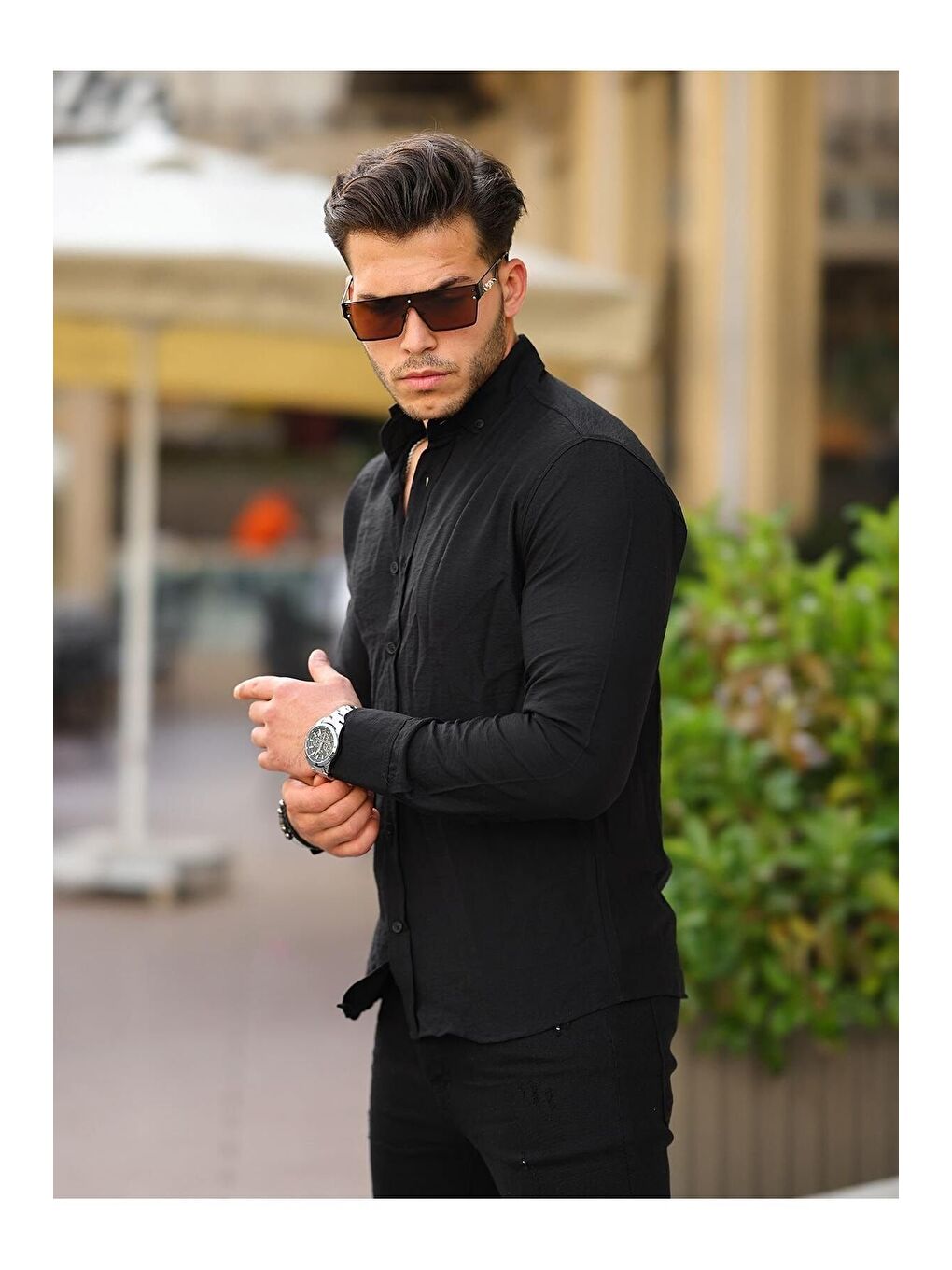 Siyah Cepsiz A Kalite Keten Slim Fit Gömlek-2