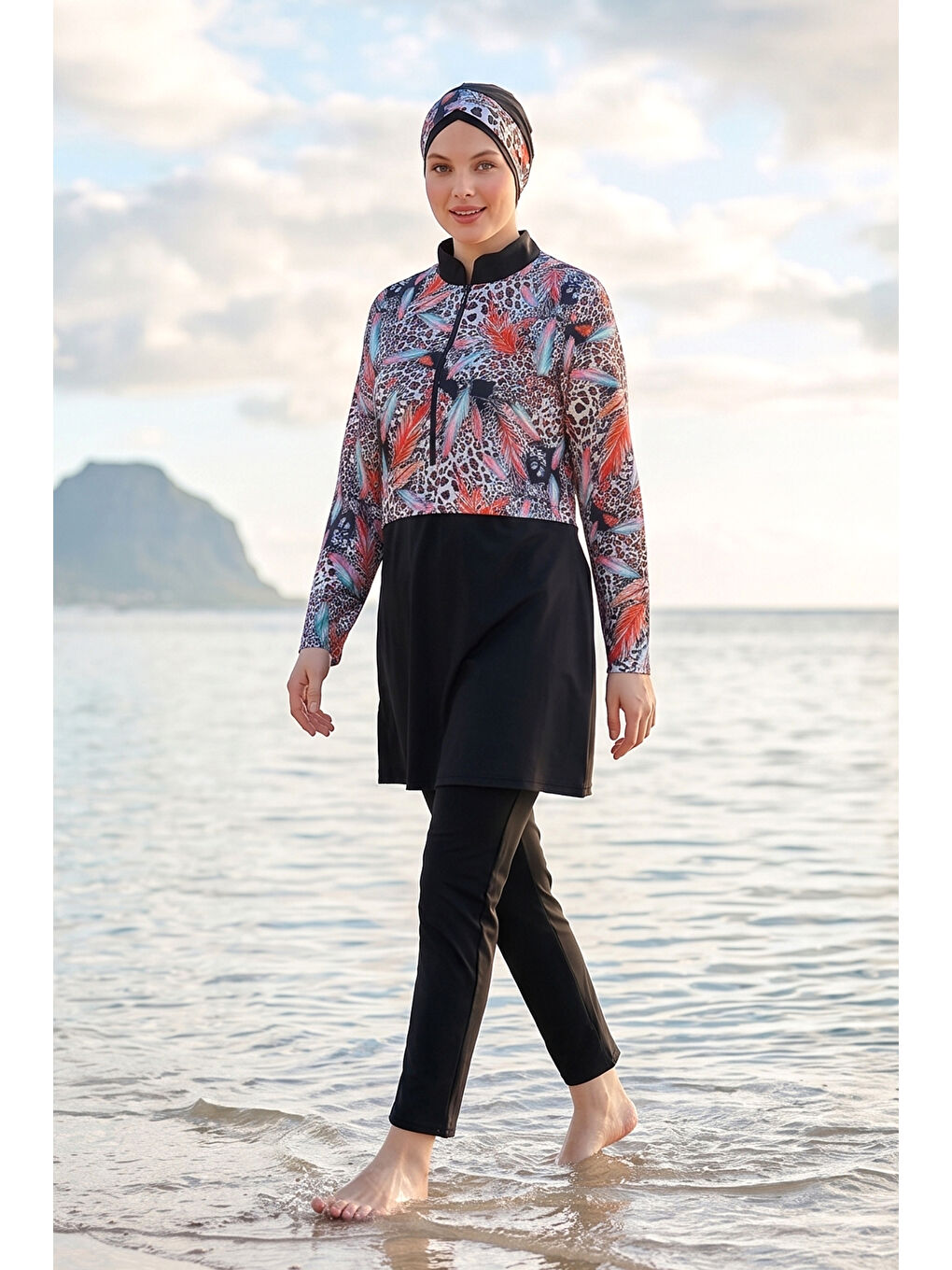 Kahverengi Büyük Beden Desenli Tam Kapalı Tesettür Mayo 18 Siyah01-2