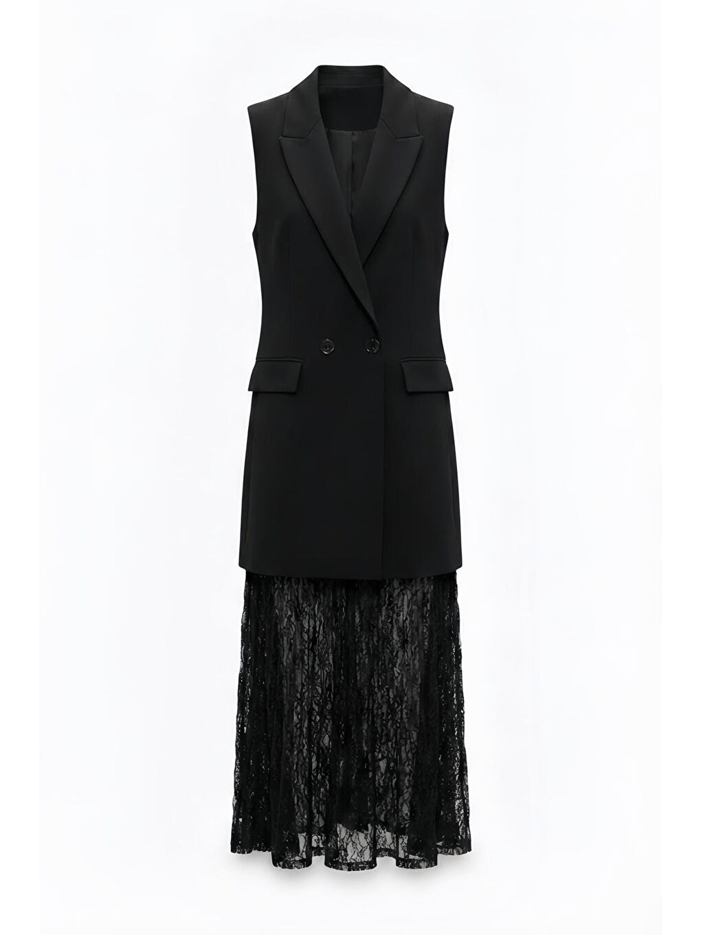 Dantel Etekli Yelek Elbise Siyah