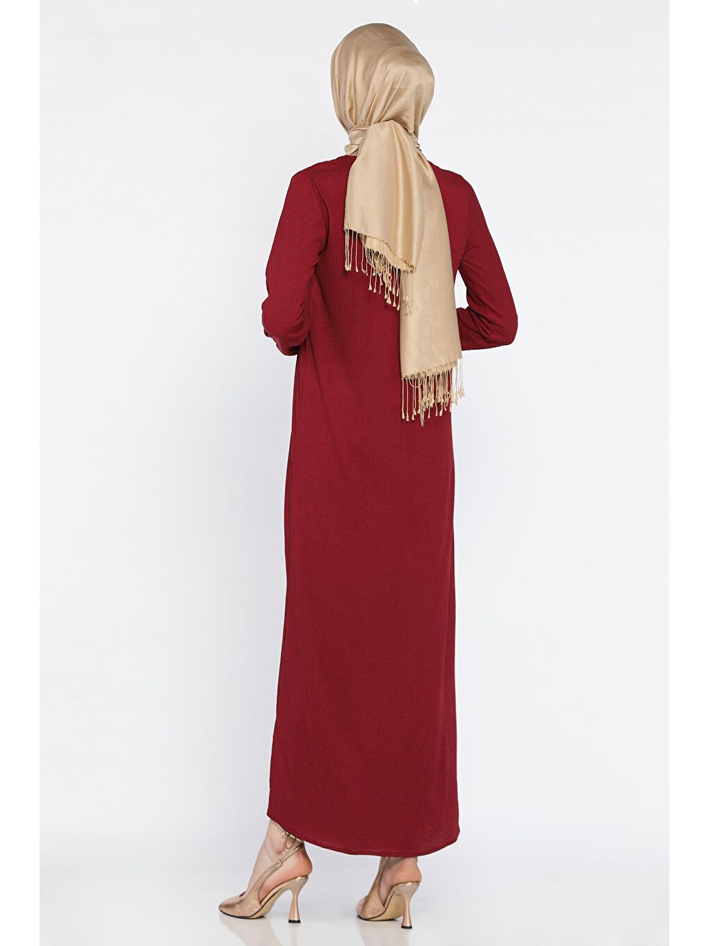 Bordo Kadın Yıldız Aksesuarlı Büyük Beden Tesettür Elbise-4
