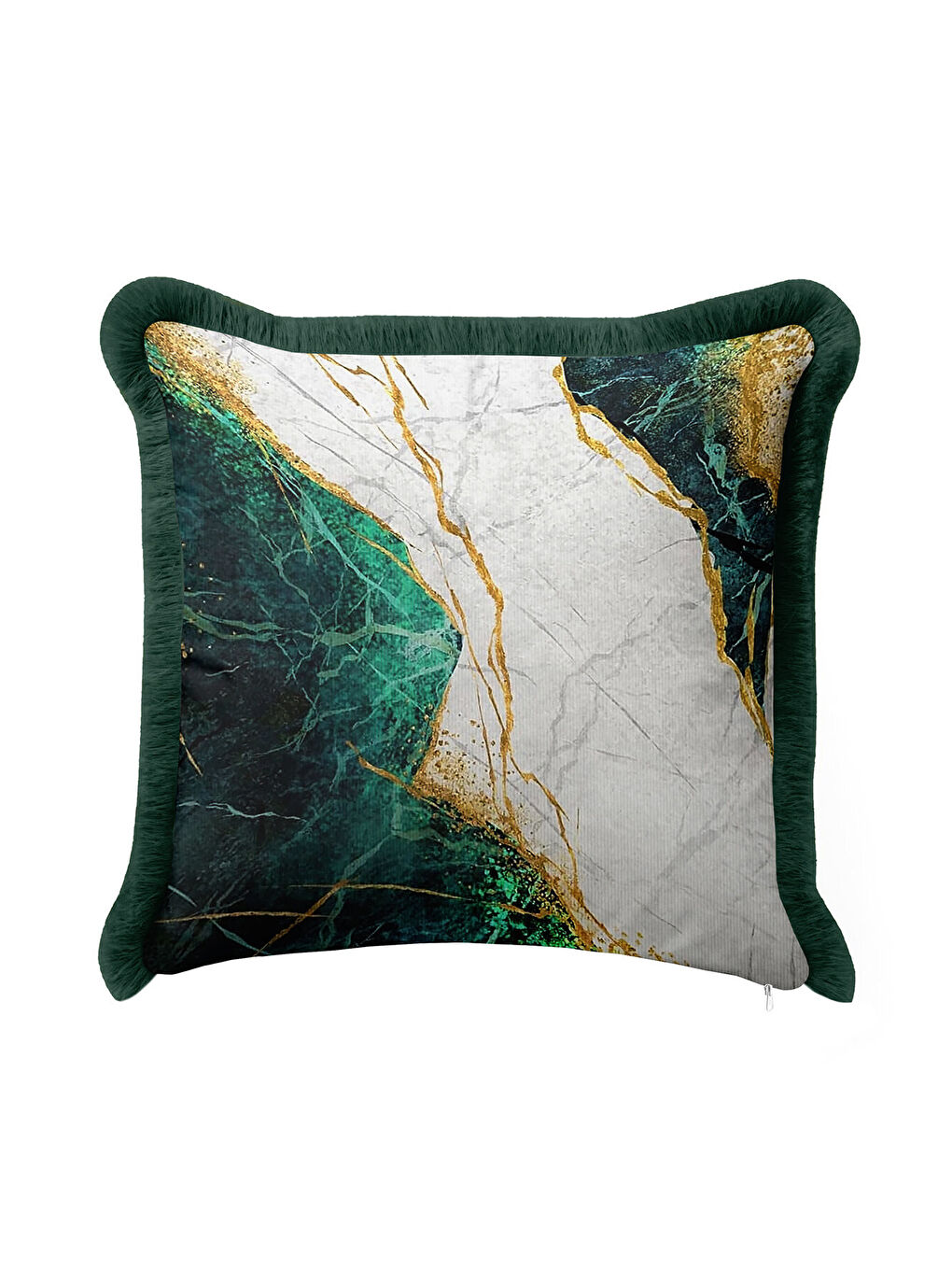Karışık Mermer Efektli Lüks Saçaklı Yastık Kılıfı - Modern Zümrüt Yeşili Altın Renk Püsküllü Kırlent Kılıfı
