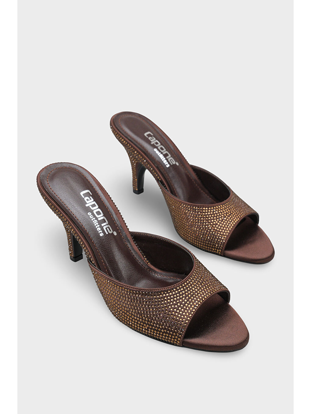 Kahverengi Lenore Taşlı Feta Dolgu Orta Topuklu Saten Kadın Terlik-1