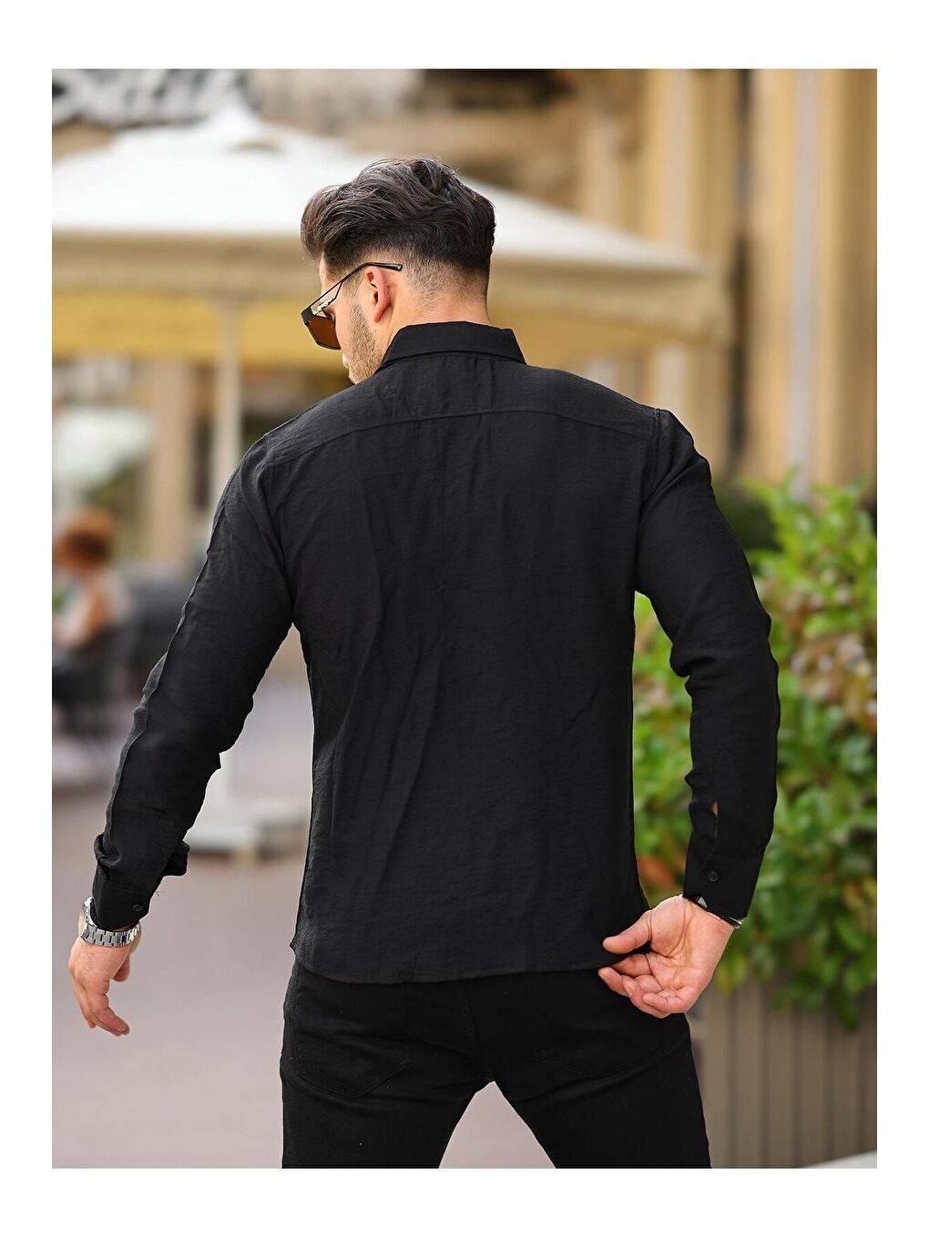 Siyah Cepsiz A Kalite Keten Slim Fit Gömlek-3