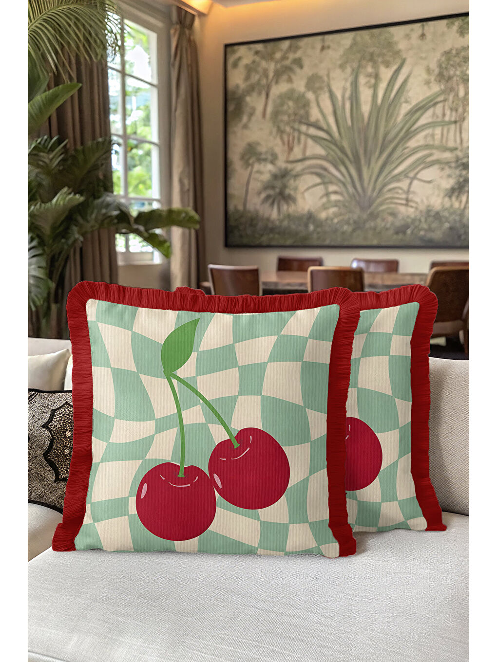 Karışık Vişne Motifli Saçaklı Yastık Kılıfı - Retro Dalga Mint Yeşili Kırmızı Püsküllü Kırlent Kılıfı-5