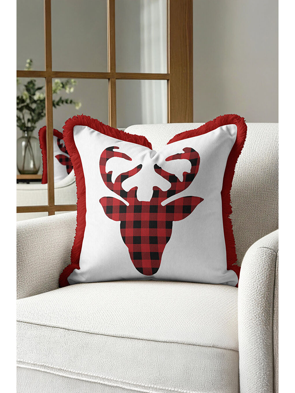 Karışık Kareli Geyikli Saçaklı Yastık Kılıfı - Kış Rustik Kırmızı Beyaz Püsküllü Kırlent Kılıfı-2