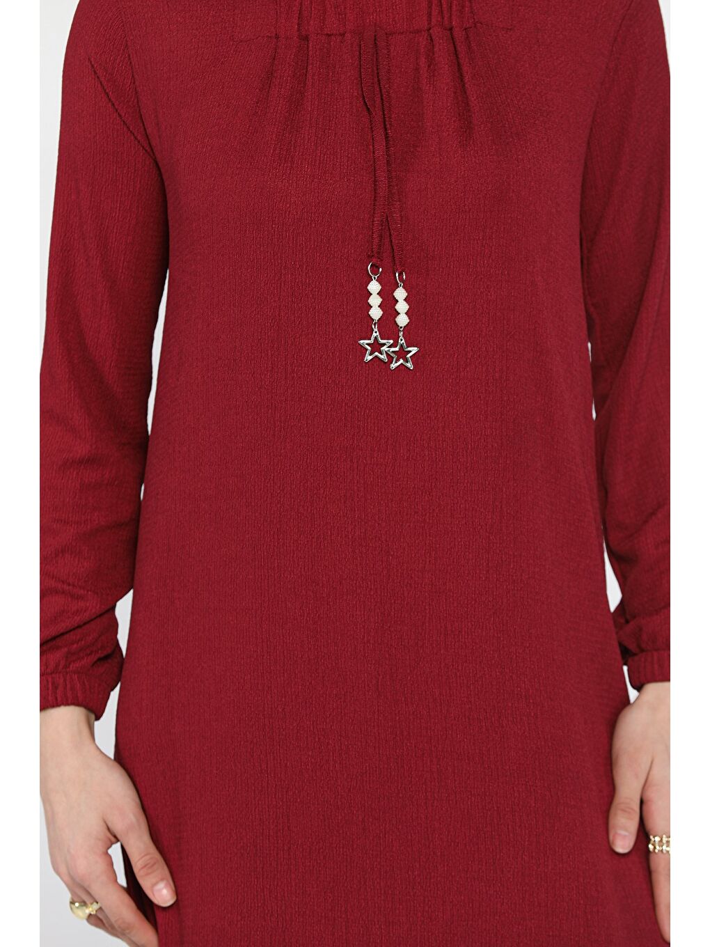Bordo Kadın Yıldız Aksesuarlı Büyük Beden Tesettür Elbise-7