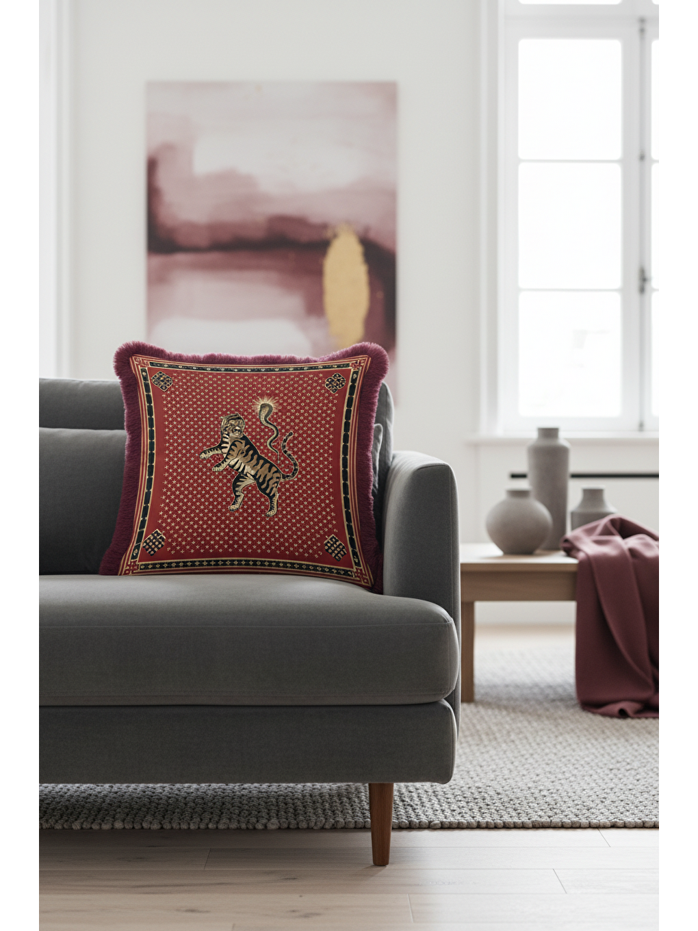 Karışık Asya Motifli Saçaklı Yastık Kılıfı - Egzotik Bohem Kırmızı Altın Renkli Püsküllü Kırlent Kılıfı-1