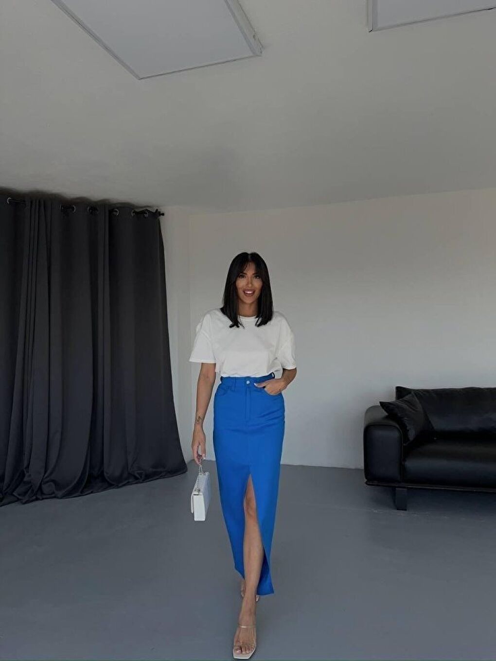 Mavi GABARDİN UZUN ÖNDEN YIRTMAÇLI ETEK - Saks