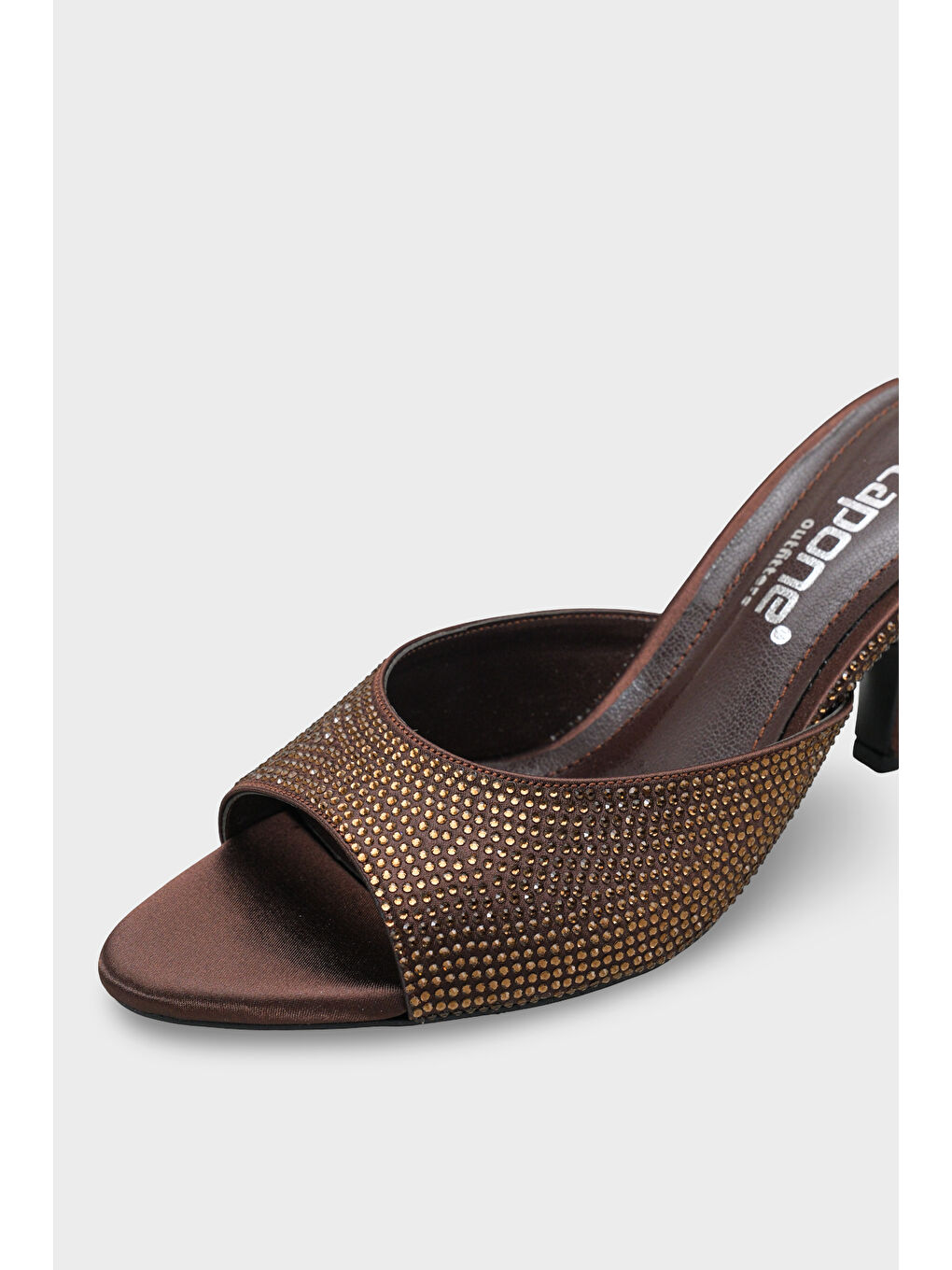 Kahverengi Lenore Taşlı Feta Dolgu Orta Topuklu Saten Kadın Terlik-2