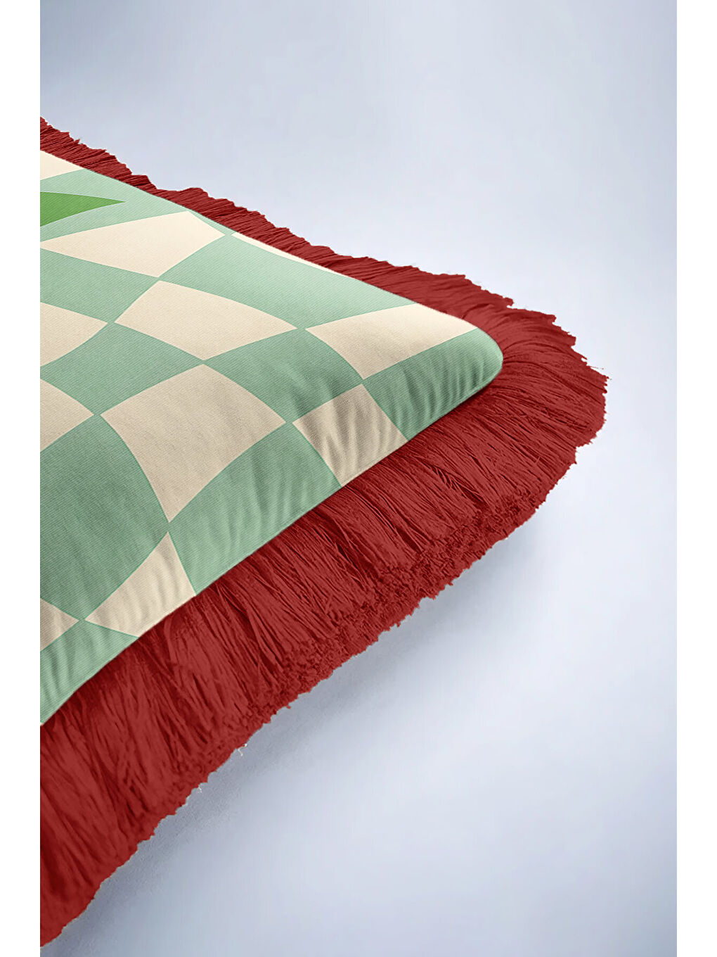 Karışık Vişne Motifli Saçaklı Yastık Kılıfı - Retro Dalga Mint Yeşili Kırmızı Püsküllü Kırlent Kılıfı-6