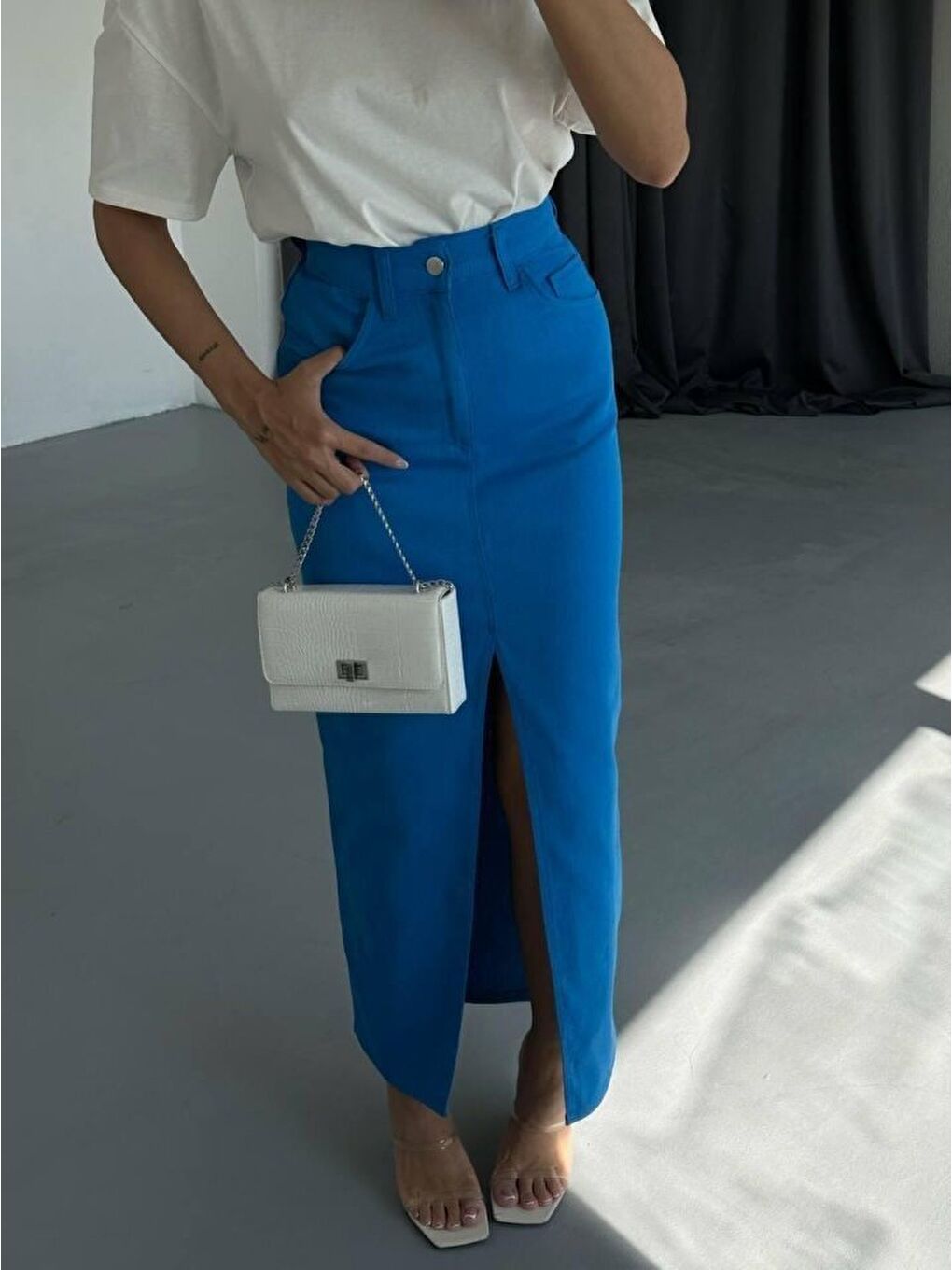 Mavi GABARDİN UZUN ÖNDEN YIRTMAÇLI ETEK - Saks-1